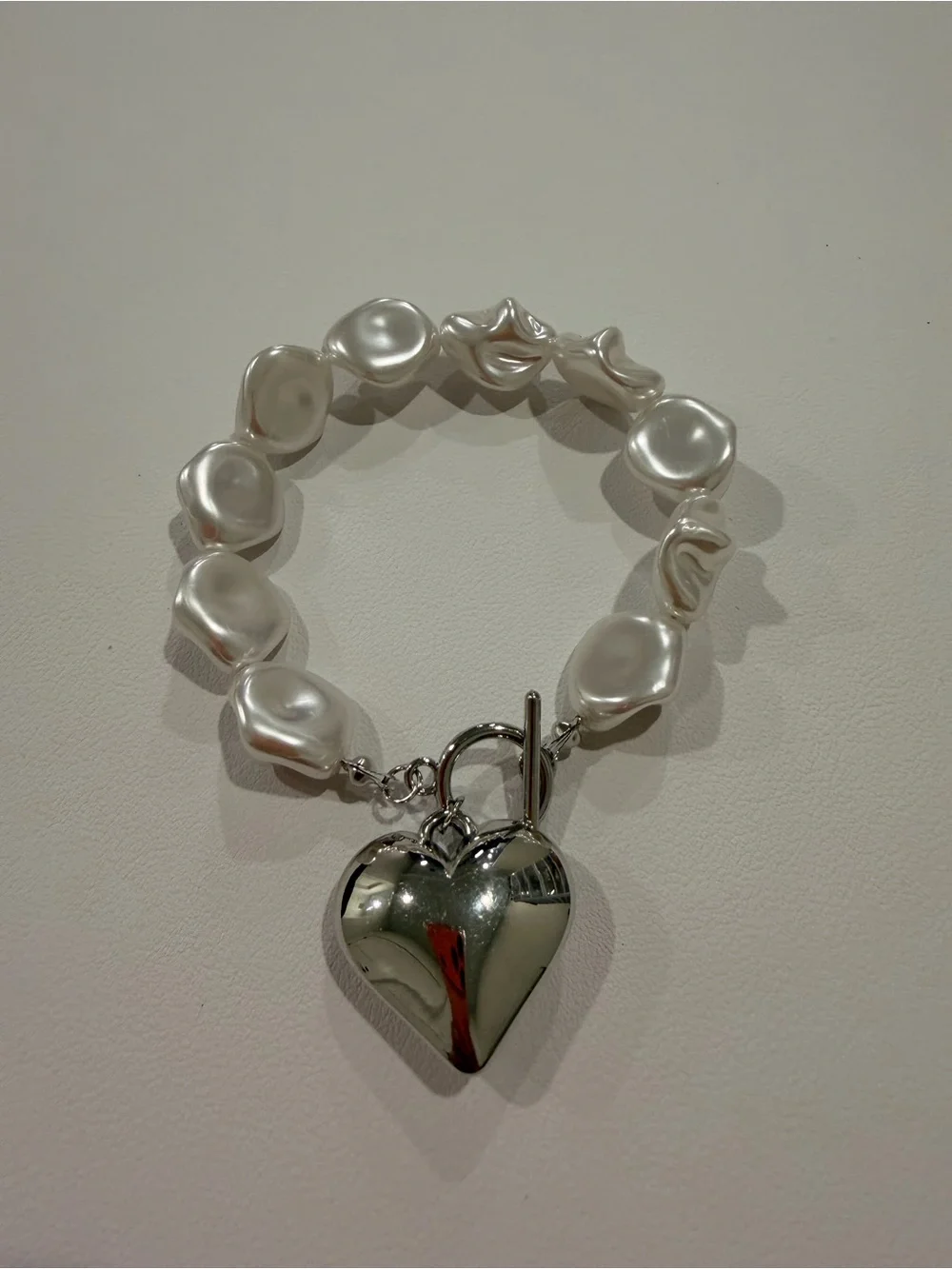 Silver Heart Charm Pearl Link Bracelet